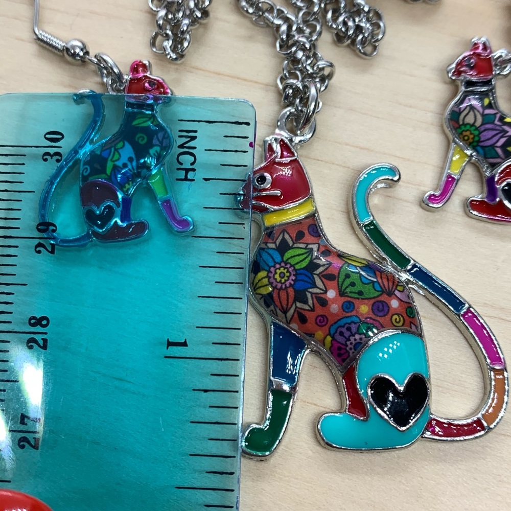 Enamel Cat Earrings Necklace Set - Picture 3 of 6